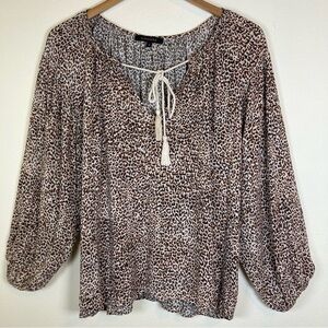 Olivaceous Leopard Print Blouse Small Boho Tie Neck Long Sleeve Flowy Top